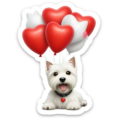 westie highland terrier surrounding red heart balloons  sticker