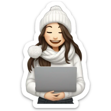 eyes closed laughing female with pale skin and dark brown straight long hair wearing white scarf and white woolly hat and black hoodie and holding a laptop and coffee mug not full body shot sticker