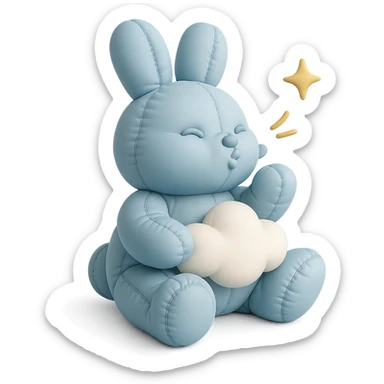 full-body pastel blue bunny with cloud, blowing a kiss with sparkles, cushion style sticker