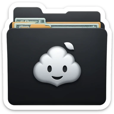 A minimal emoji-style icon of a matte black folder, slightly open, with a simple white or gold finance logo on the front symbolizing growth, stability, and money management, clean lines, subtle shading, and a professional, organized vibe. sticker