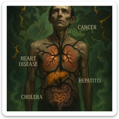 semi-realistic, allegorical style human figure, black parasites branch to organs, each organ with a colored aura and disease name, world map, glowing fissures, green mist sticker