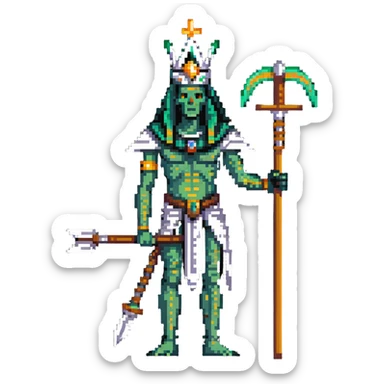 Egyptian god Osiris with green skin, mummified body, white Atef crown with feathers, holding crook and flail sticker