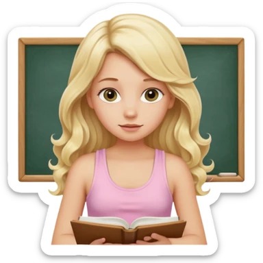 make me an emoji of a blonde girl studying, wear a baby pink tank top and no glasses with long curled hair sticker