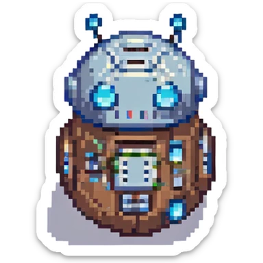 cute cartoon droid inspired by Star Wars, round body, antenna, pixel art style sticker