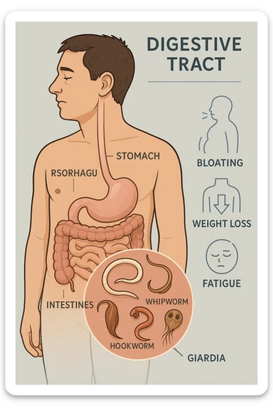 a man stands in profile, with a transparent overlay revealing his digestive tract. Inside his intestines, several enlarged, detailed representations of intestinal parasites are visible. Around the man, subtle arrows or icons indicate symptoms such as bloating, weight gain, and fatigue. The background is clinical and educational, with clear labels for anatomy and parasites. sticker