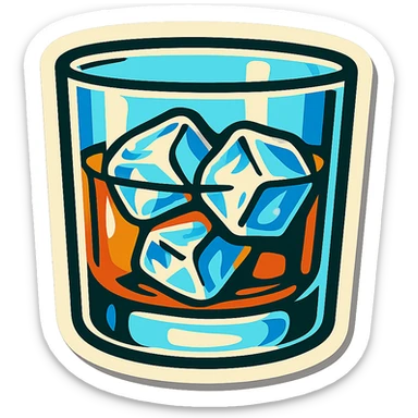 whiskey glass with ice, retro stickers style, sharp black outlines, expressive shadows and highlights, no gradients, only clear color transitions sticker