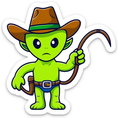 Green alien cowboy with cowboy hat and lasso sticker