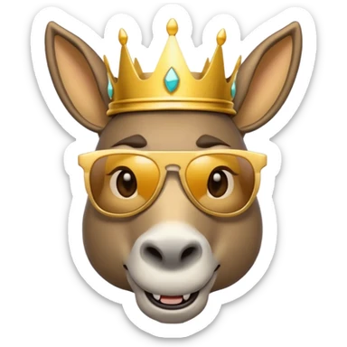 playful donkey wearing a crown and sunglasses, looking spoiled and sassy, emoji style sticker