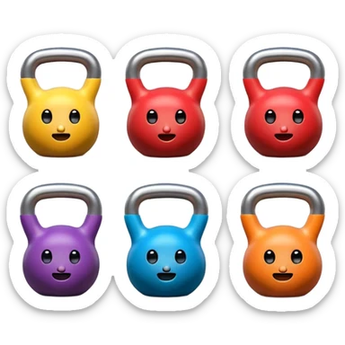 6 colorful cartoon kettlebells with faces, arms, legs, white background. sticker