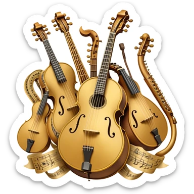 Create a grand, heraldic-style emoji collage representing plucked string instruments. The design should resemble a majestic emblem, featuring a collection of iconic instruments such as a banjo, mandolin, domra, sitar, and other plucked string instruments. Arrange the instruments symmetrically, with their necks and strings intertwining gracefully like a coat of arms. A flowing ribbon of musical notes should elegantly weave through the instruments, creating a sense of harmony and movement. The emblem should have a luxurious, golden and bronze color palette with intricate decorative elements, adding depth and a professional touch. Subtle lighting effects should highlight the polished wood and metal strings of the instruments. The background should be transparent, making the design adaptable for various uses sticker