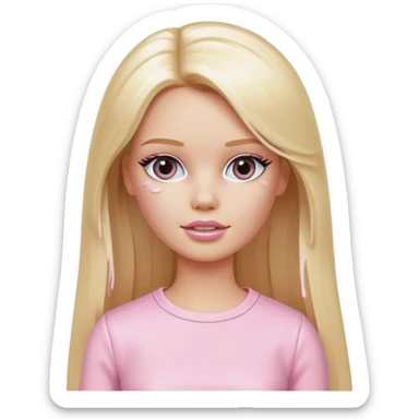 A white Barbie girl with long blonde straight hair in pale pink clothes smears cream on her face sticker