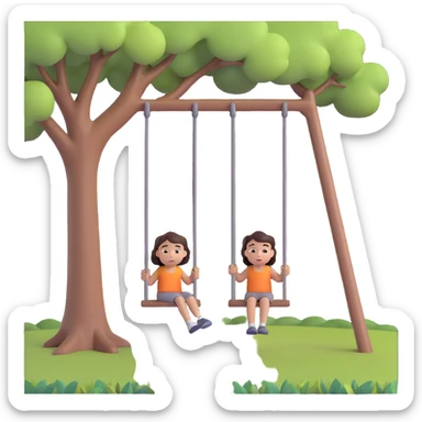 A person pushing a swing with a child sitting on it, outdoors, under a tree, in daylight. The swing is moving back and forth. Focus on the motion of swinging and the person gently pushing it sticker