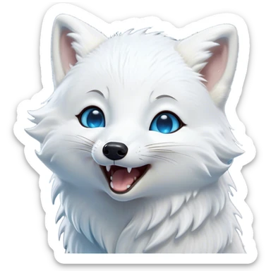 Cinematic Cute Yawning Arctic Fox Portrait Emoji, Head tilted slightly with a dramatic, wide-open yawn, showcasing a soft, downy white Fur with subtle icy blue accents and gently drooping ears, round eyes barely open in drowsy contentment, Simplified yet irresistibly adorable features, highly detailed, glowing with a soft, cozy glow, high shine, relaxed yet expressive, stylized with a touch of arctic whimsy, bright and endearing, soft glowing outline, capturing the essence of a sleepy yet affectionate arctic fox, so drowsy it feels like it could stretch out of the screen and curl up for a nap! sticker