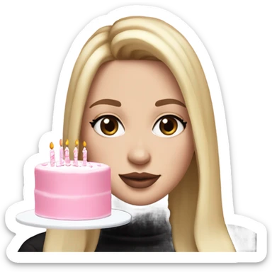 White girl with blonde straight hair, pink lips, dark eyes, black turtleneck, white and pink birthday cake in hands sticker