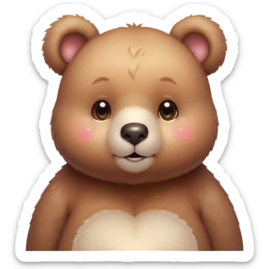 Cinematic cute soft bear, chubby round face, tiny ears, warm fuzzy fur, blushing cheeks, sparkling kind eyes, soft glowing background, heartwarming and huggable. sticker