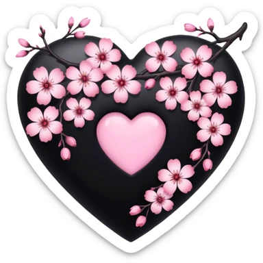 goth sakura heart, black heart with sakura branch and blossoms, pink highlights sticker