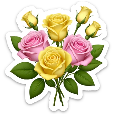 A mixed bouquet of four flowers, featuring pink roses and yellow lisianthus. sticker