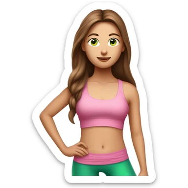 A girl with brown long hair, fair skin and green eyes stands tall in a yoga pose in a pink tank top and pink leggings sticker
