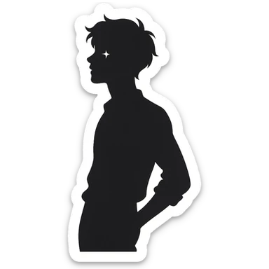 minimalist silhouette of a youthful male figure with a gentle pastel aura, subtle sparkle near the eyes, and a relaxed, confident pose, exuding effortless charm and playful unpredictability sticker