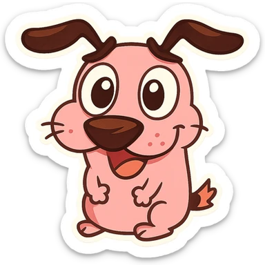 Courage the Cowardly Dog as a cute emoji, pink dog with big eyes, expressive face, cartoon style sticker