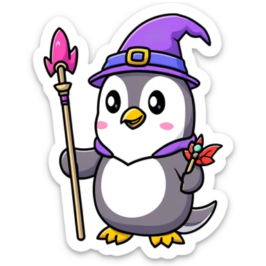 penguin wizard with a staff and hat surrounded by a small dragon, fairy, and unicorn sticker