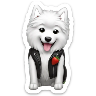 Samoyed dog eating vanila strawberry ice cream flavored wearing black leather jacket  sticker