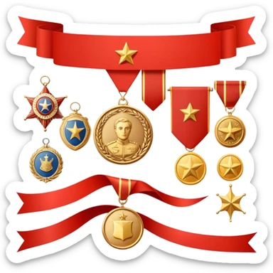 Icon for Collecting Orders, Medals & Badges: a variety of vintage orders, medals and badges, displayed neatly on a big red pennant or in a display case. The icon should reflect the honor and historical significance of these collectible items. Transparent background. sticker