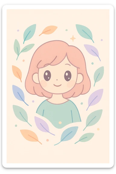 a girl surrounded by swirling leaves in a magical atmosphere, whimsical and enchanting sticker