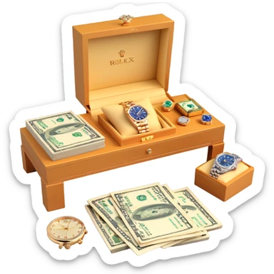 3D table display featuring sparkling jewelry, a Rolex watch, and cash, arranged neatly, realistic and detailed sticker