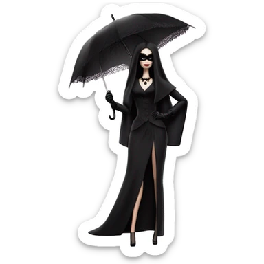 Stunning in the Spotlight Barbie, teen Morticia Addams,showing off, show full body,accessories  gloves funeral veil covering face umbrella  sticker