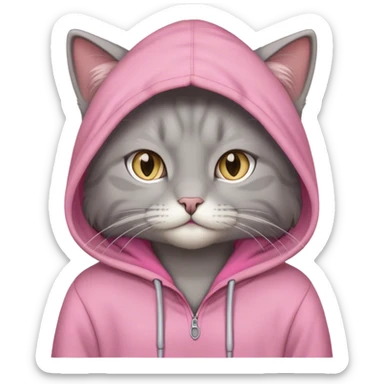 Grey cat with long hairs and pink hoodie sticker