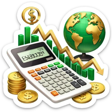 An icon featuring a calculator, a dollar sign, and a chart with upward trends, symbolizing economics. The design includes coins, bills, and a globe, representing global trade and financial systems. Transparent background highlights the study of markets, supply, and demand. sticker