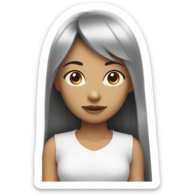 Girl wearing a white shirt that has grey eyes and long black straight hair with baby bangs.  sticker