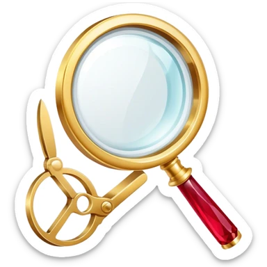 Jewelry art icon, golden ring with a ruby viewed through a magnifying glass, visible pliers beside it, minimalistic style, clean lines, transparent background. sticker