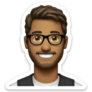 Man who is 30 years old and smilling. He is brown hair and brown eyes and wear black glasses sticker