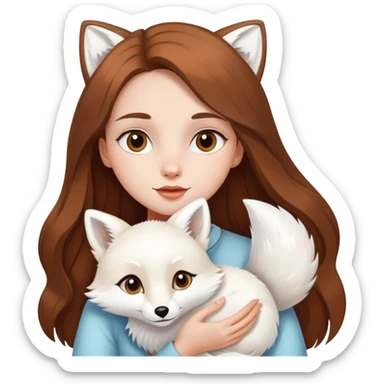 A girl with long brown hair holding a white fox sticker