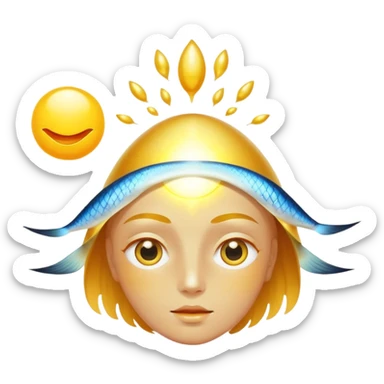 Chicken, bright egg yolk, and shiny fish floating around an open eye that emits a golden ray sticker