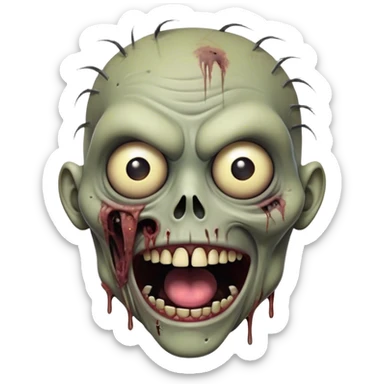 Cinematic Comical Zombie Portrait Emoji, with a grotesquely exaggerated yet playful decaying face in muted ashen tones, head cocked in a dramatically shocked expression with wildly comical, googly eyes and a gaping, silly grin revealing quirky stitches, simplified yet hilariously expressive, highly detailed with a soft eerie glowing outline capturing the absurd humor of a zombie in comic disbelief! sticker