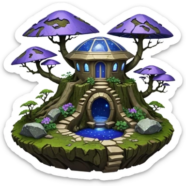 Crashed Alien saucer-castle jungle winding trail mountainside getaway haunted nighttime hobbit landscape antique mudman very old broken cracked intricate Stone Age lapis-crusted irregular dodecagon-shaped shallow dark moss rough bark violet flowered maple treehouse bonsai Saikei sticker