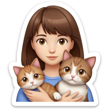 A girl with bangs, brown hair and a short cat in her arms. sticker