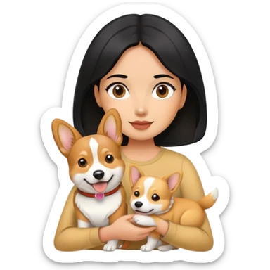 A black hair girl holding a corgi dog and a golden dog sticker