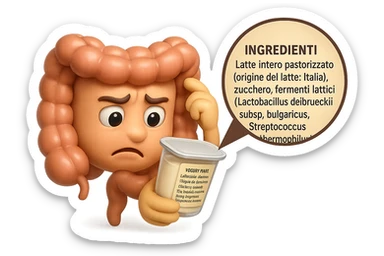EMOJI STILE IPHONE 3D DI UN INTESTINO CHE HA IN MANO UN BARATTOLO DI YOGURT CONFEZIONATO DA SUPERMERCATO E LEGGE L'ETICHETTA NUTRIZIONALE CON GLI INGREDIENTI IN ITALIANO, ACCANTO ALLO YOGURT CHE HA IN MANO C'è UN FOCUS SULL'ETICHETTA CON GLI INGREDIENTI SCRITTI, FAGLI UN ESPRESSIONE CONFUSA MENTRE LEGGE E FALLO MOLTO REALISTICO IN 3D sticker