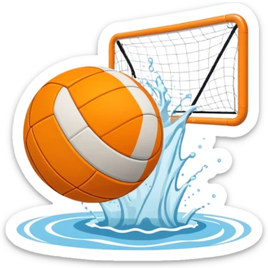 An icon showing a water polo ball floating on the surface of a pool, with a goal frame in the background, and water splashing around. The design captures the intensity of the game with visible ripples on the water. Transparent background highlights the excitement of water polo. sticker
