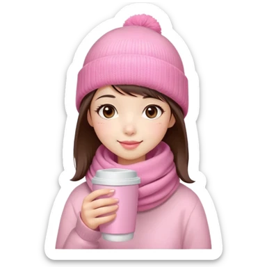 Cute East Asian girl, soft fair skin, big brown eyes, long lashes, natural pink lips, inward brown bob with straight bangs. Wearing pink beanie and scarf, rosy cheeks, shy smile, holding warm drink,  sticker