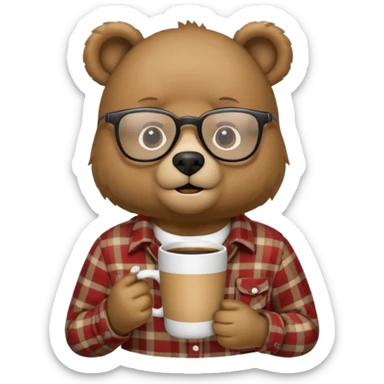 A bear with glasses dressed like a dad holding a coffee mug sticker