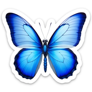 Cinematic Realistic Noble Blue Butterfly Portrait Emoji, Poised and graceful, with delicate, translucent wings rendered in vivid sapphire and indigo tones, a slender, elegant body with finely detailed textures, and gentle, reflective eyes, illuminated by soft natural light, high shine, intelligent and ethereal, styled with an air of refined natural beauty, focused and attentive, soft glowing outline, capturing the essence of a watchful and confident blue butterfly that appears to flutter out of the screen with effortless grace! sticker