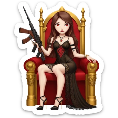 Lilith female red eyes symbol. Tattoo arms. Her hair is brown straight long hair.wearing sexy long  lace dress with slit. black stiletto platform high heels shoes on. Sitting on gold throne with rubies sniper rifle in one hand cash in other hand sticker