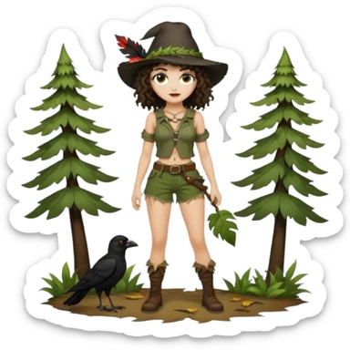 full body woman short curly brown mullet hair brown eyes white skin sexy forest rogue with torn leaf shorts and crow hat sticker