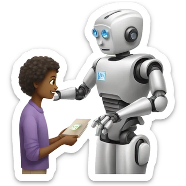 a robot handing a flashcard to a (gender neutral) student sticker