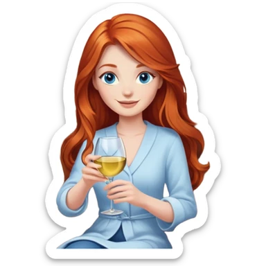 Happy redhead with long hair and blue eyes holding white wine sitting in chair beside fire  sticker